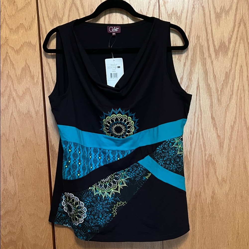 Coline Black and Teal Patterned Tank Top